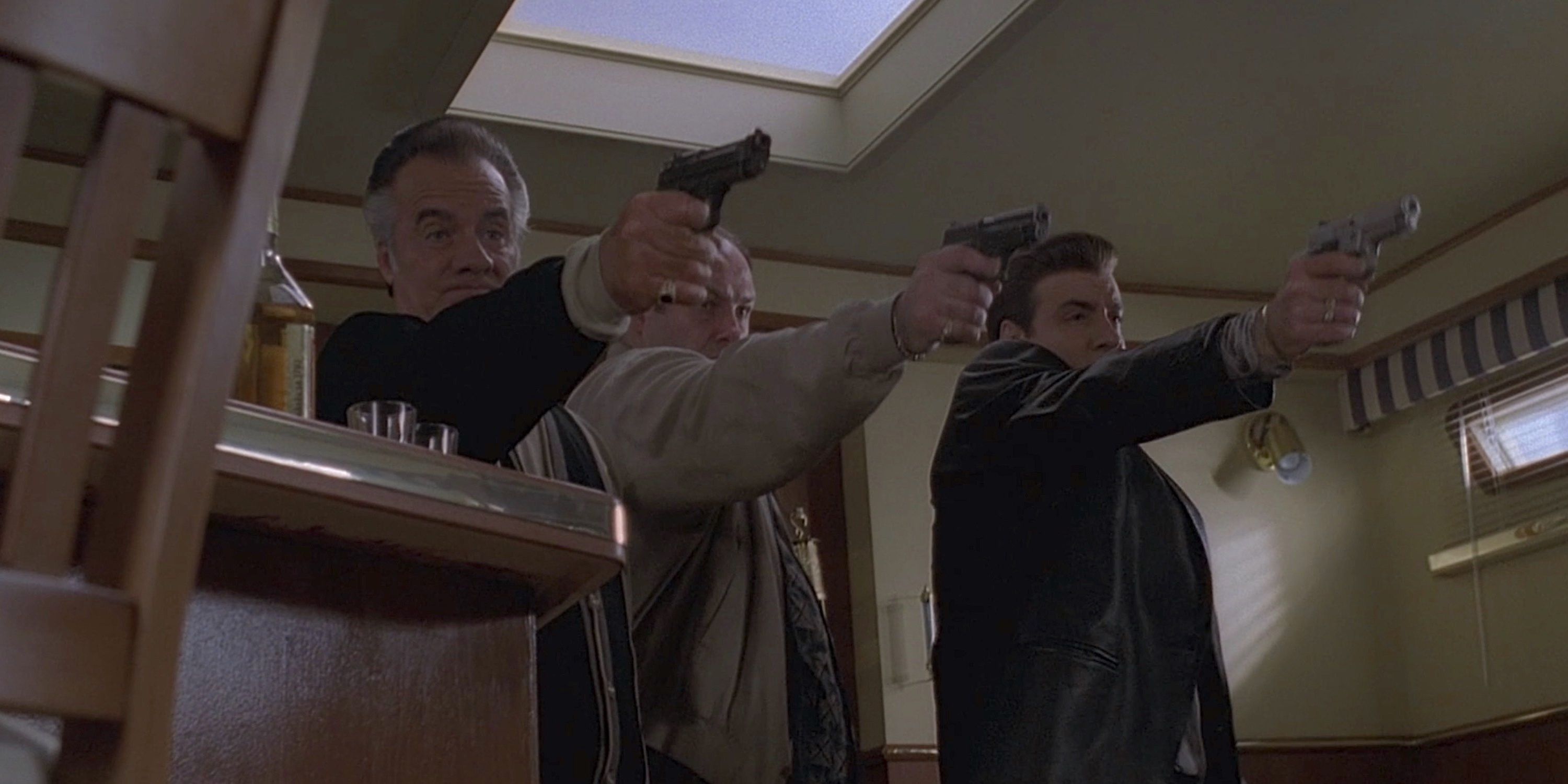 The Sopranos: Tony, Silvio, and Paulie wielding guns