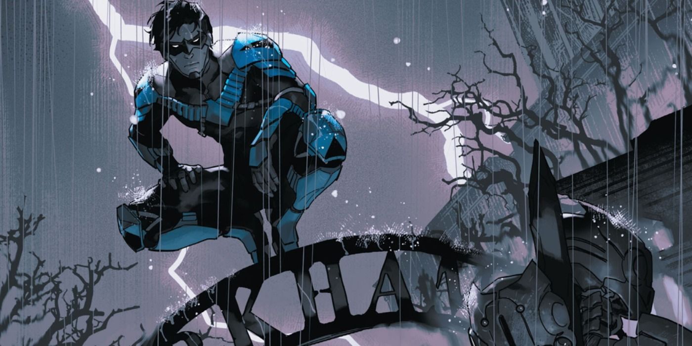 Nightwing under the rain, crouching on top of a fence in DC Comics