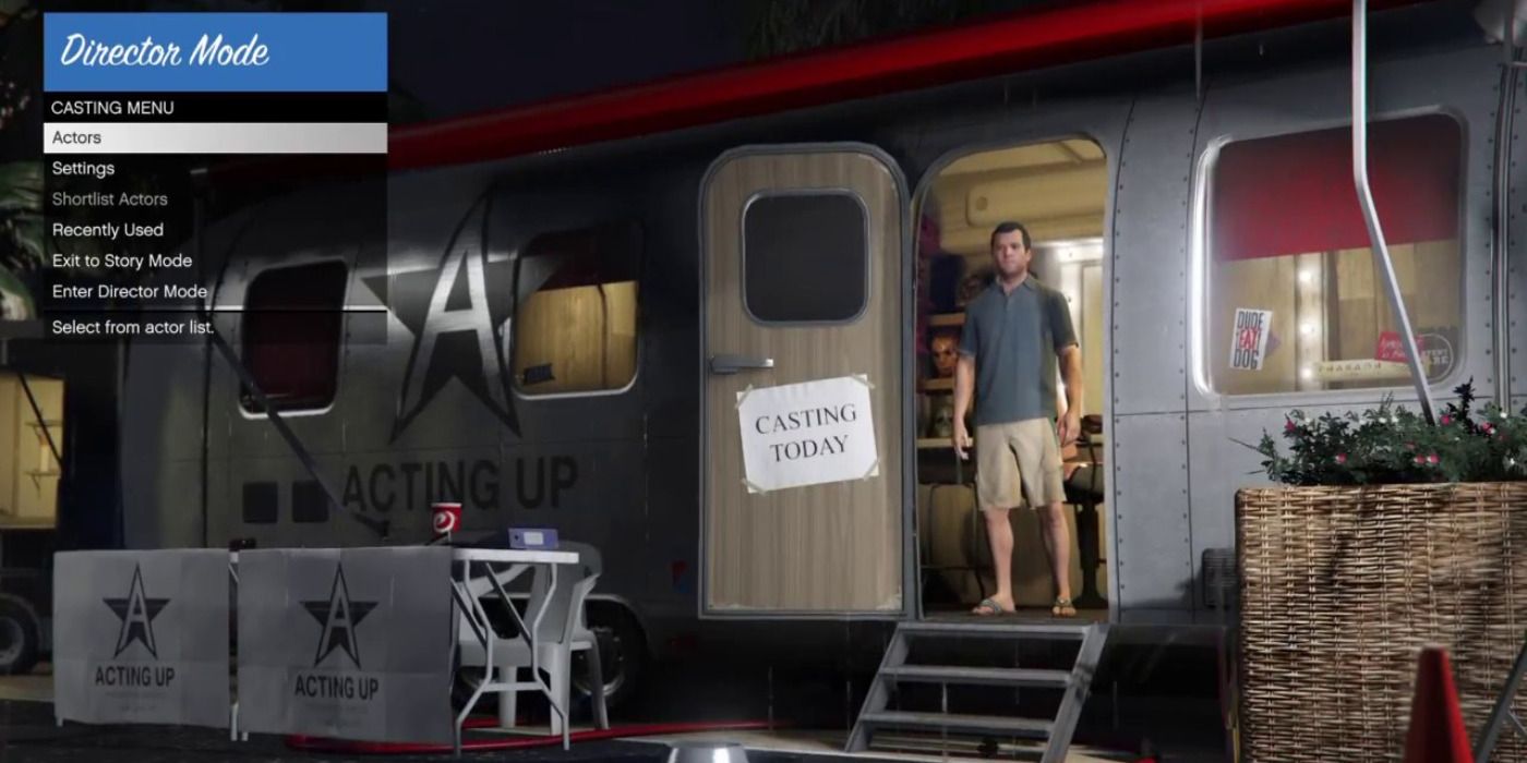 Michael DeSanta from GTA 5 standing in front of a trailer in the menu screen for GTA 5's Director Mode
