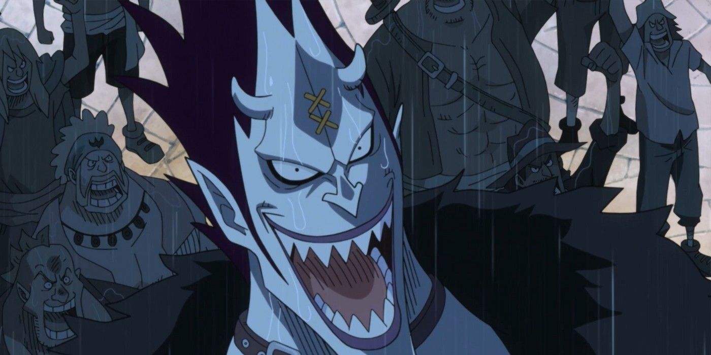A Gecko Moria in his prime laughing with his crew behind him in a screenshot from the One Piece anime.