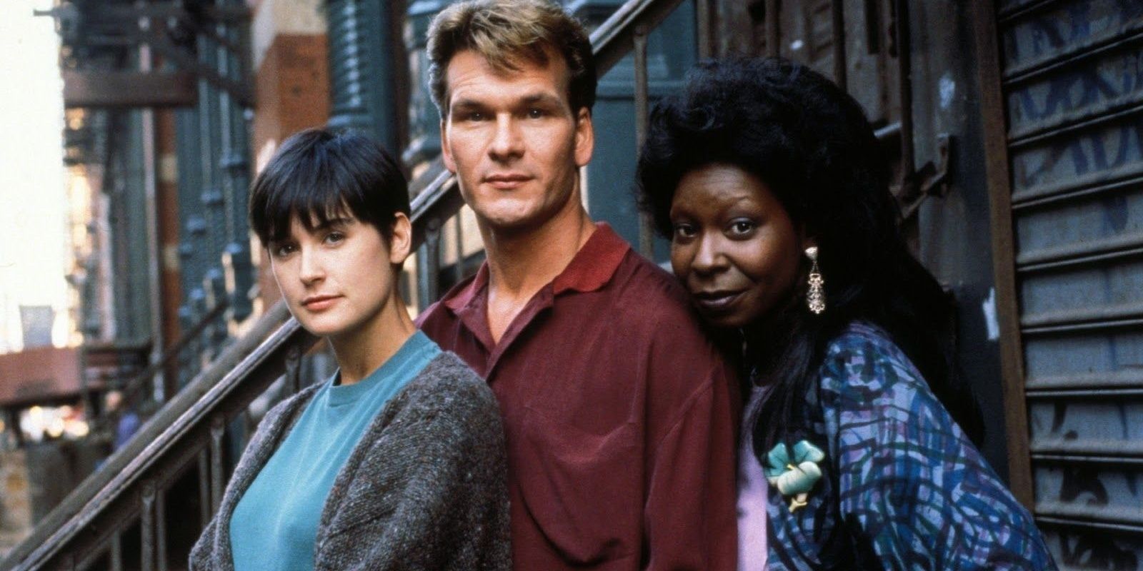 Demi Moore, Patrick Swayze, and Whoopi Goldberg as their characters in Ghost