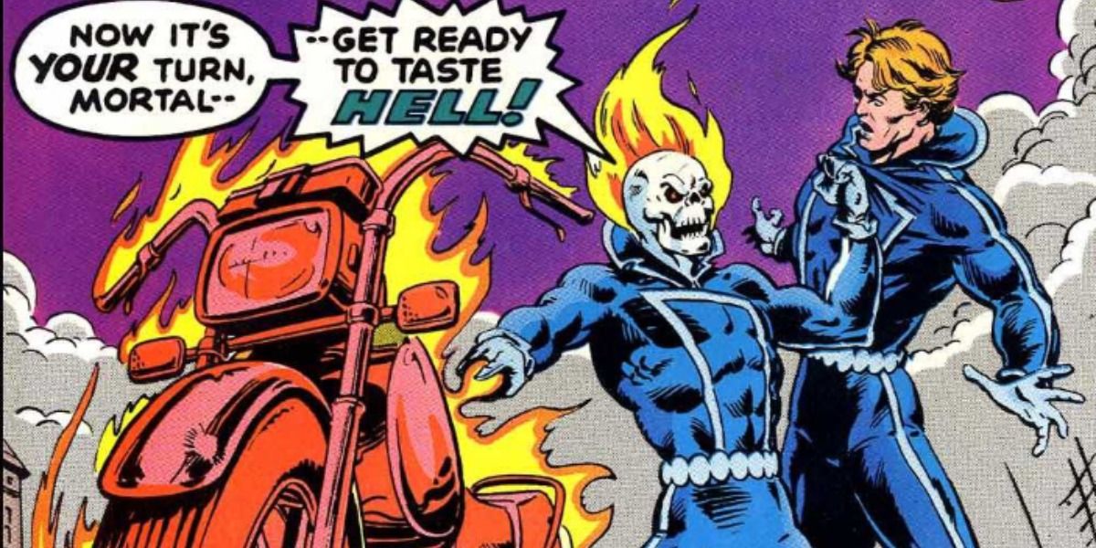 Ghost Rider grabs Johnny Blaze by the collar in Marvel Comics.