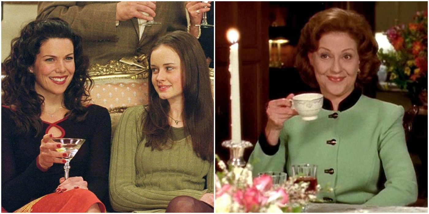 Friday Night Dinner Gilmore Girls - Lorelai with martini sitting with Rory/Emily at table with tea