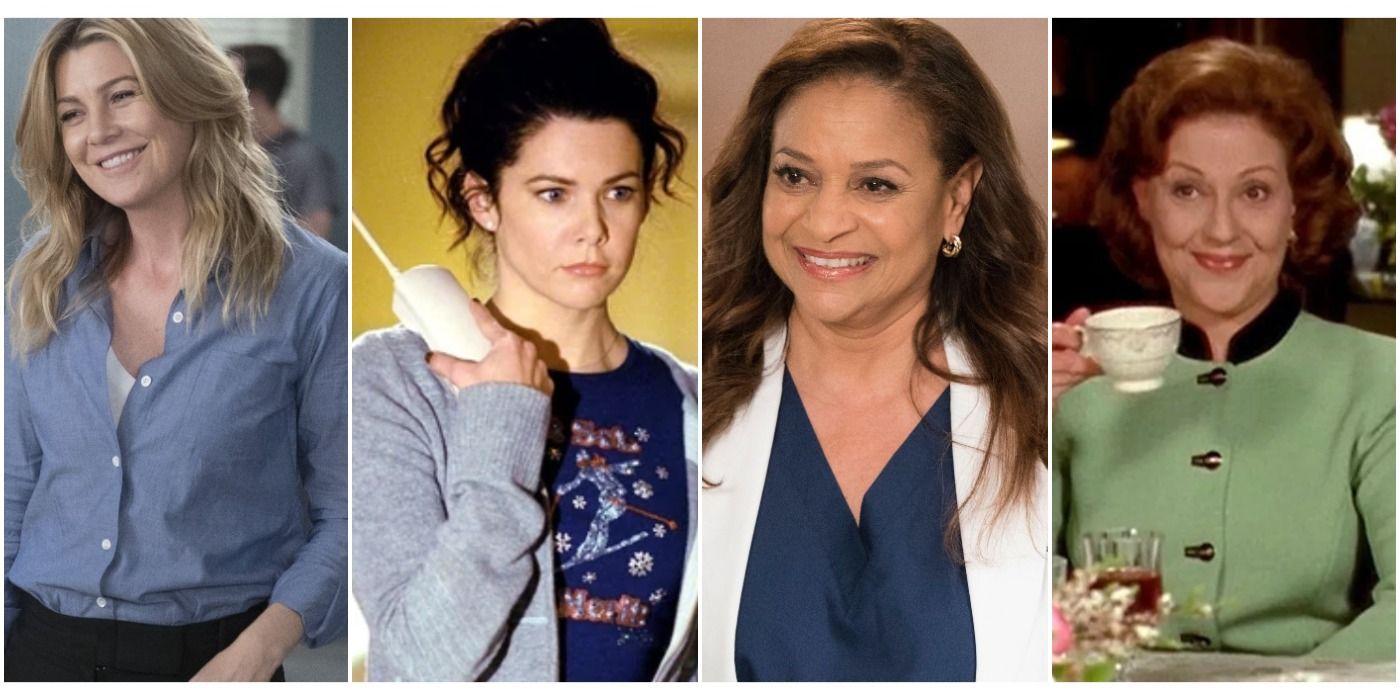 Meredith smililng/Lorelai with phone/Catherine smiling/Emily with teacup