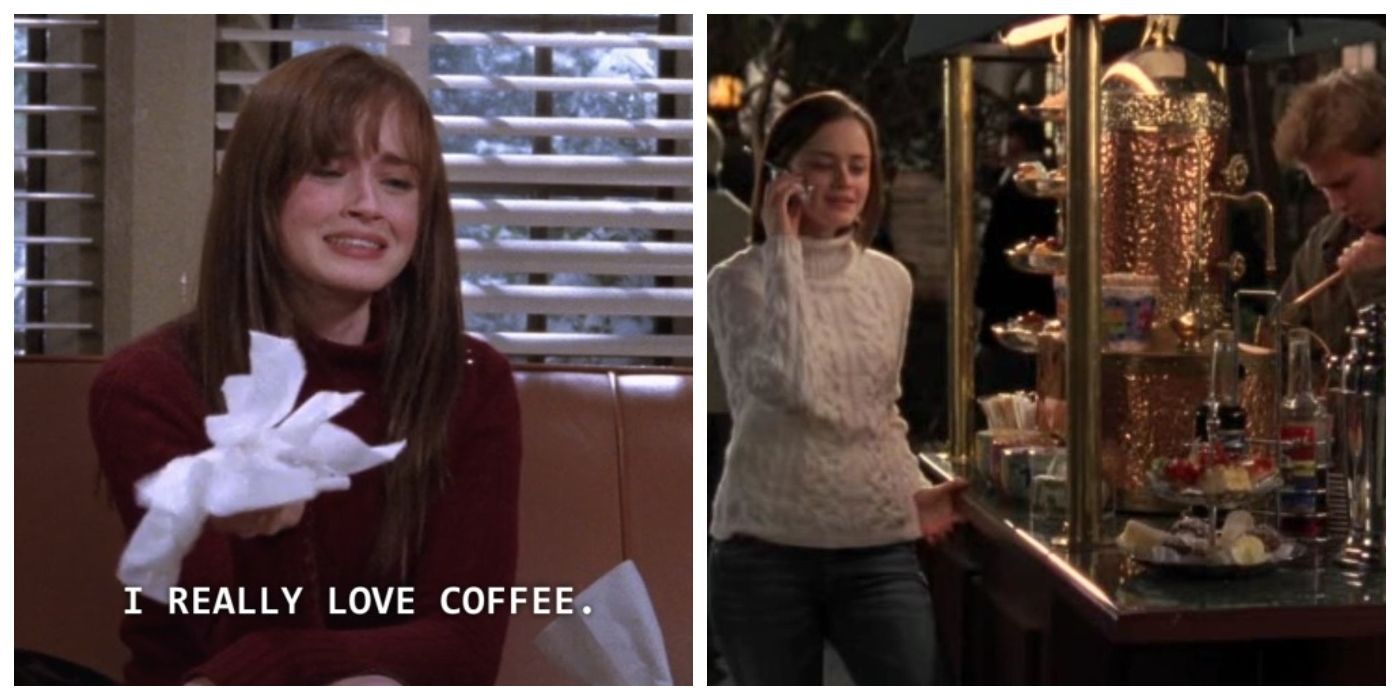 gilmore girls rory crying about love of coffee and rory next to coffee cart at yale