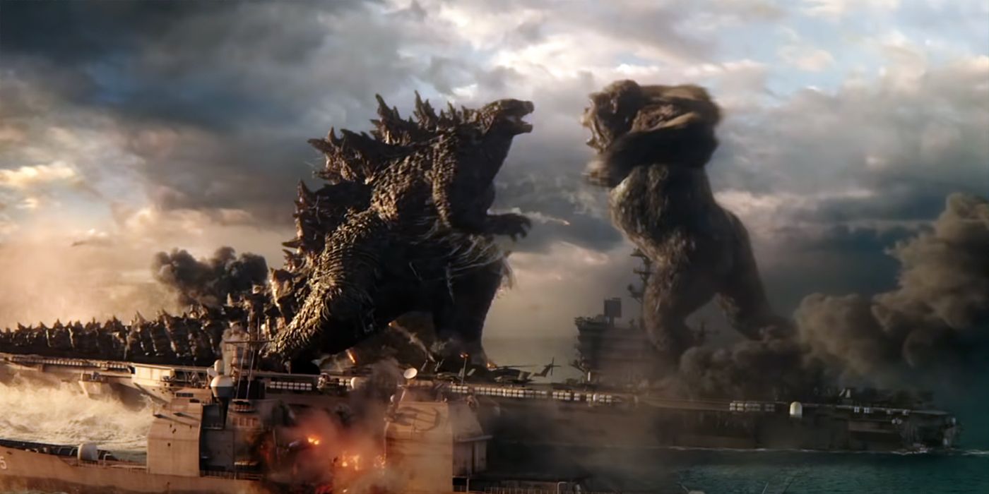 Godzilla vs Kong fighting on a battleship