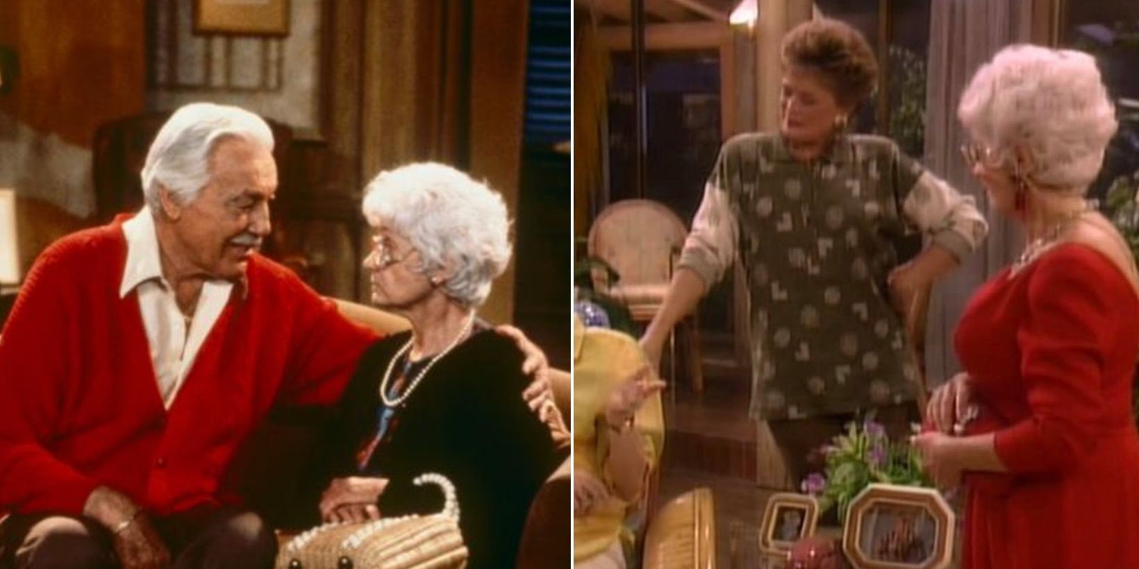 Caesar Romero, Estelle Getty, and Rue McClanahan in &quot;The Golden Girls.&quot;