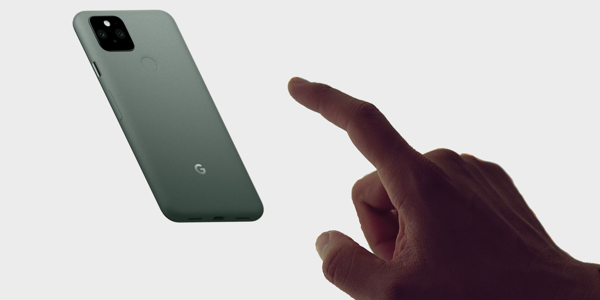 A finger reaching out to tap the rear of a Google Pixel 5