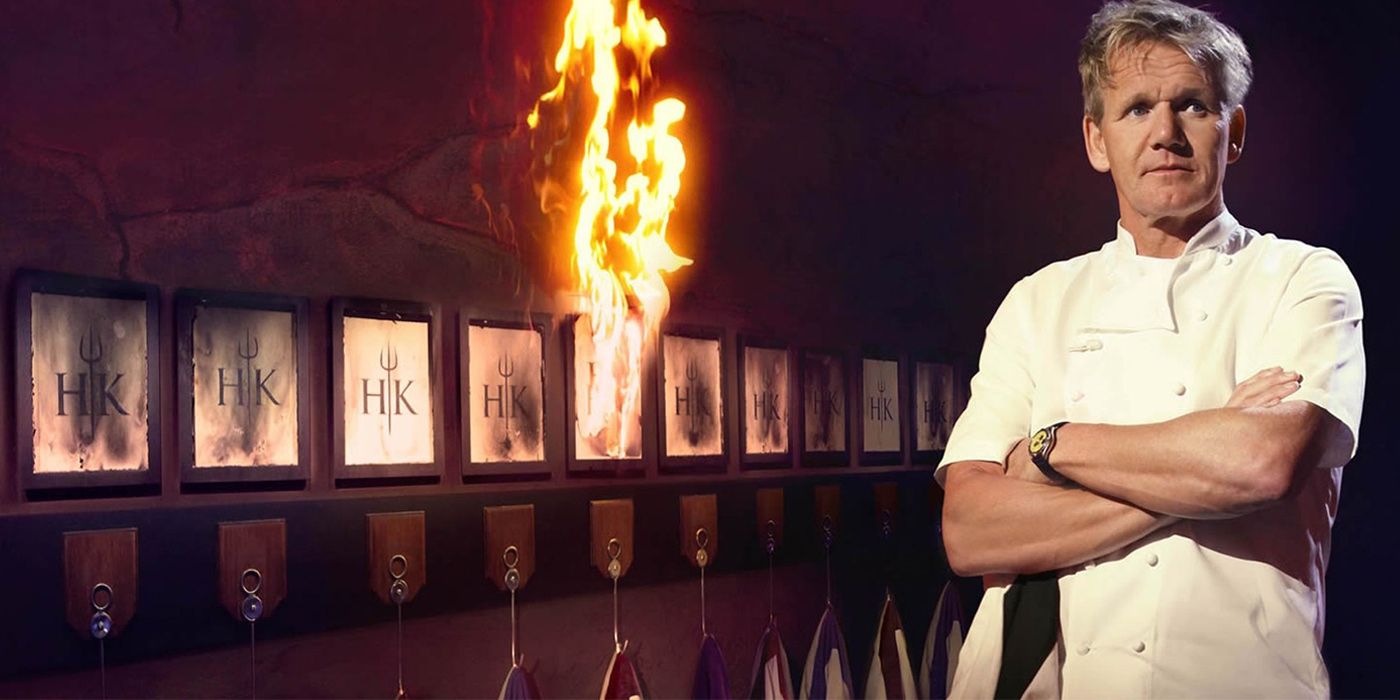 Gordon Ramsay standing next to line of burnt chef portraits in hell's kitchen