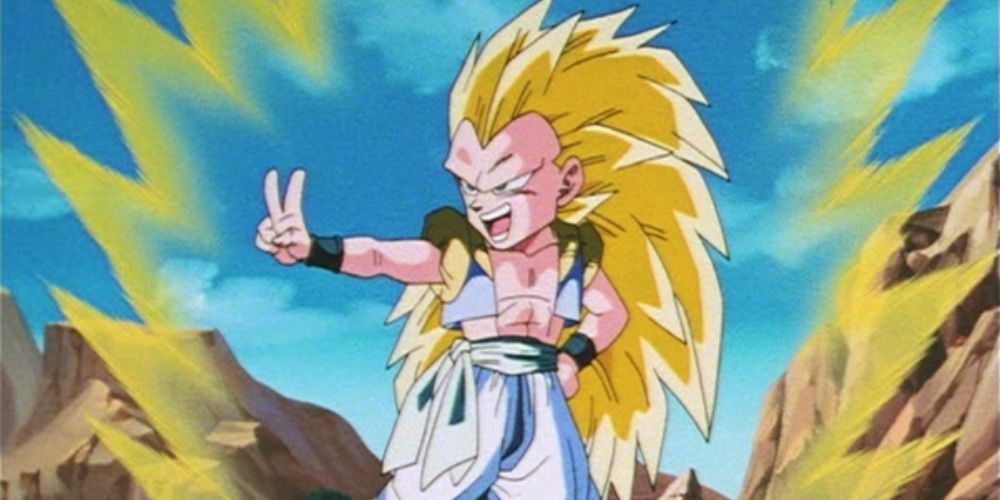 Gotenks does a peace sign while in Super Saiyan 3 form