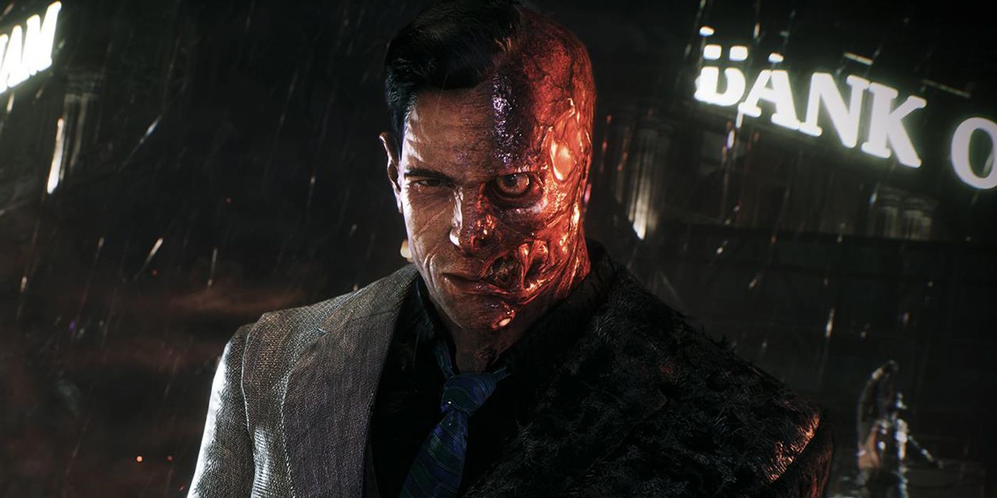 Two-Face outside the Bank Of Gotham in Batman: Arkham Knight