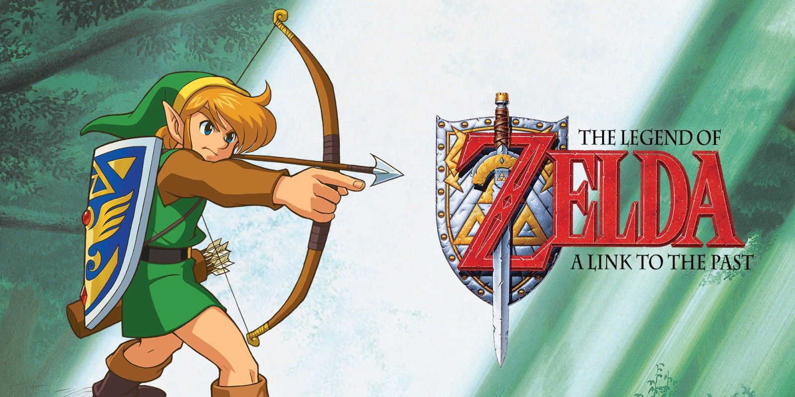 Link points his bow and arrow next to the Legend of Zelda A Link to the Past title