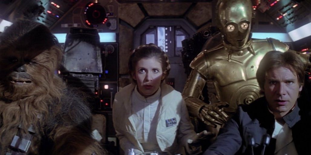 Han, Leia, C-3PO, and Chewbacca aboard the Falcon in The Empire Strikes Back