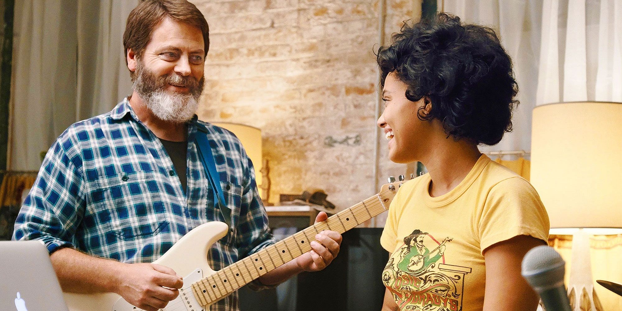 Nick Offerman plays the guitar and Kiersey Clemons laughs in Hearts Beat Loud.