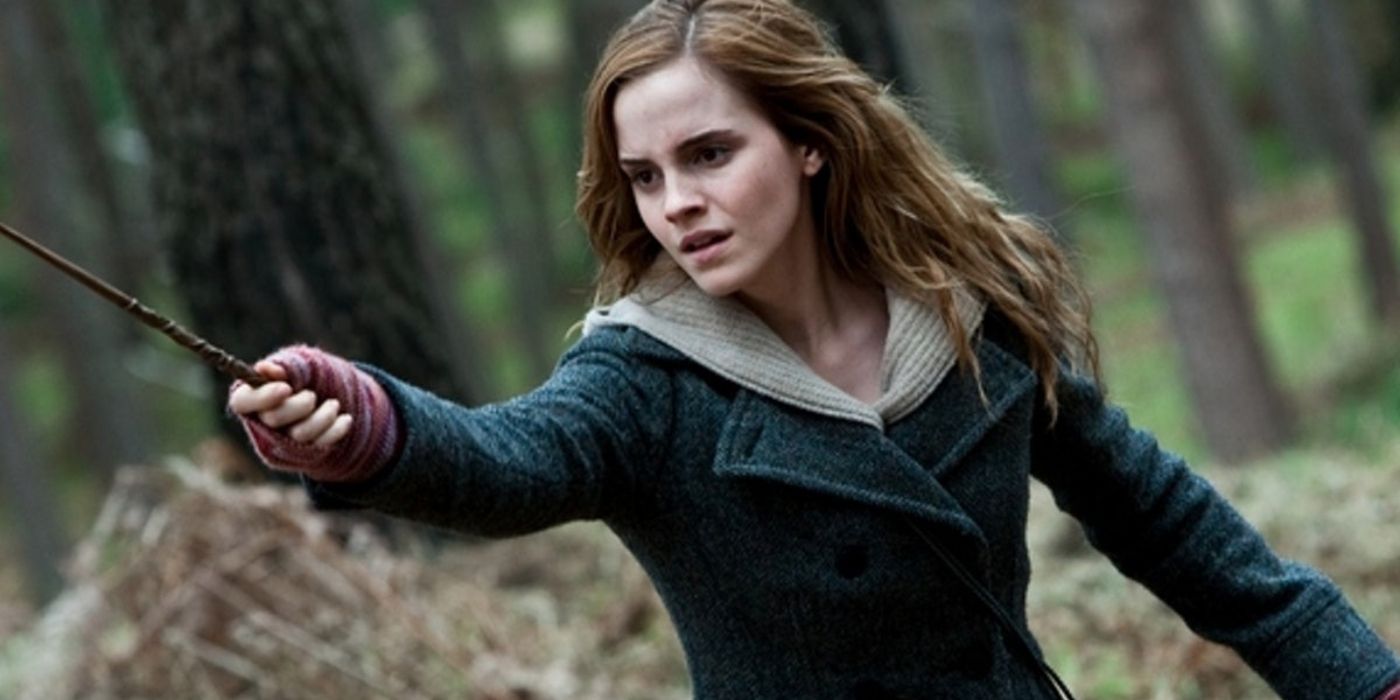 Hermione raising her wand in Harry Potter and the Deathly Hallows Part 1