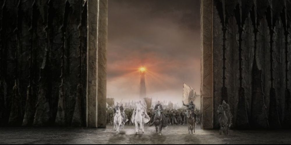 Heroes and Villians At The Black Gate of Mordor While Saurons Eye Watches From Barad-Dur in Lord of the Rings