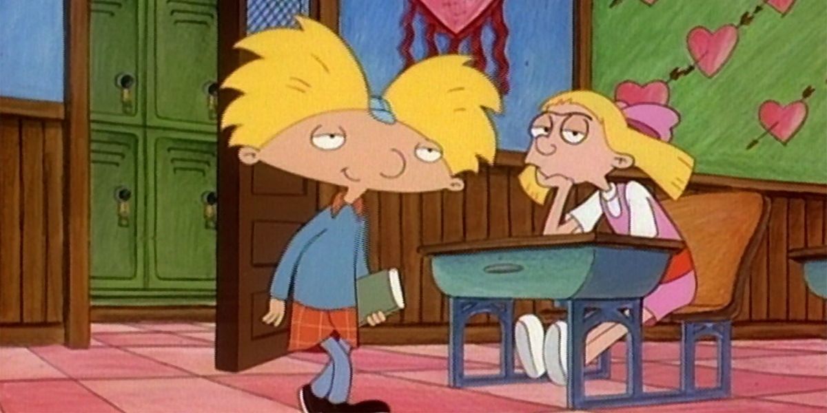 Helga staring at Arnold as he walks in the classroom