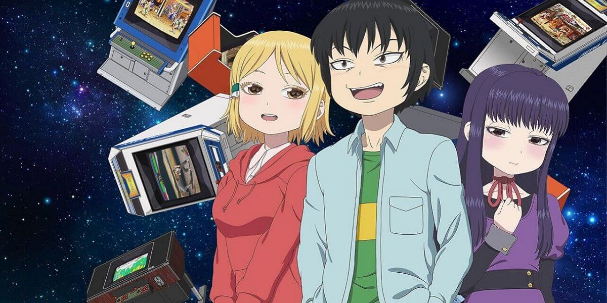 Image of the characters from Hi Score Girl with graphic design behind them.
