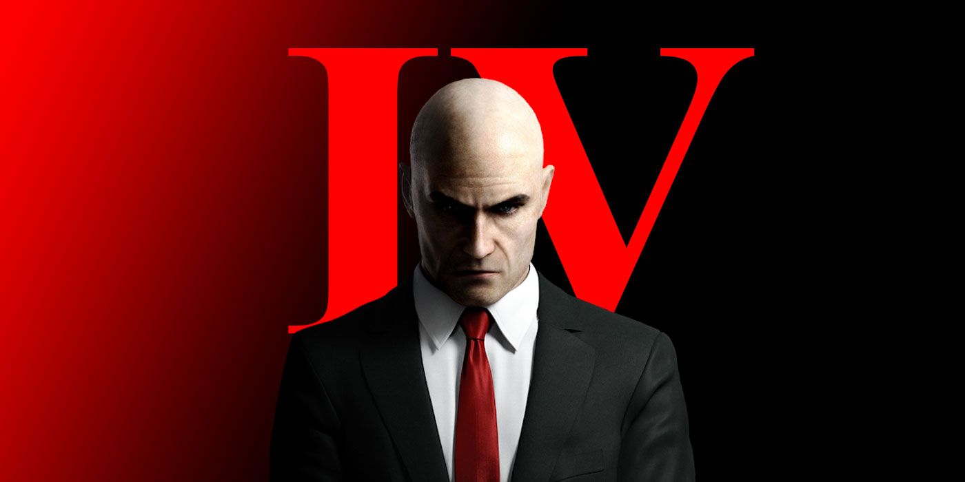 Agent 47 from the Hitman series standing in front of a red and black background with the number IV behind him