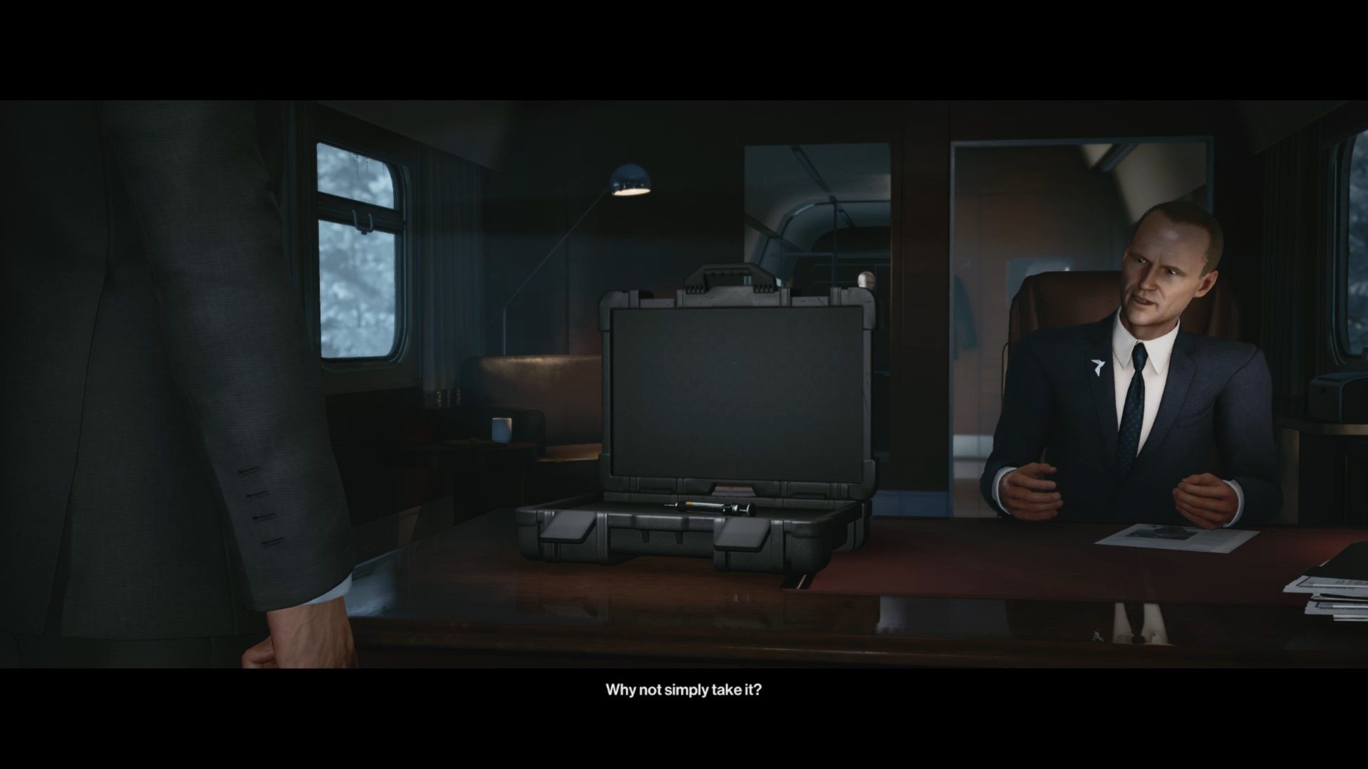 The ending scene of Hitman 3's final level, where Agent 47 is asked to pick up a syringe