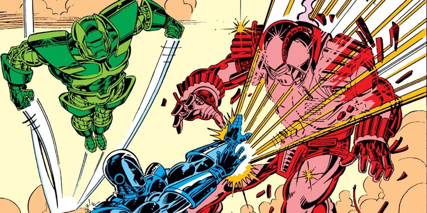 Iron Man fights Crimson Dynamo and Titanium Man in Marvel Comics.