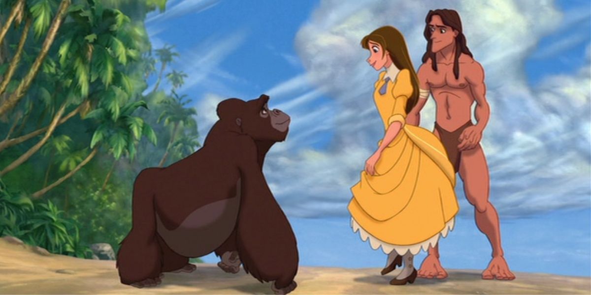 Jane on the beach with Tarzan and Kala