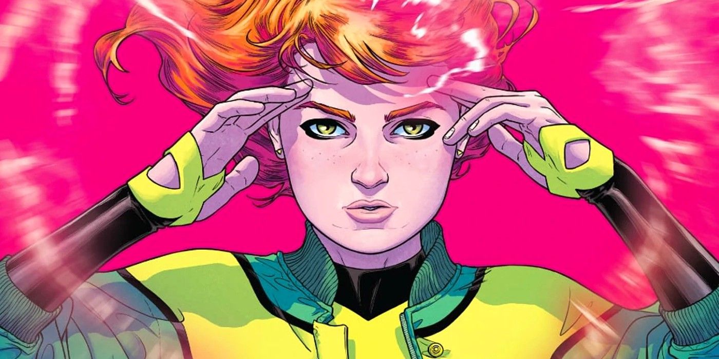 Jean Grey holding her hands to her head and using her powers in Marvel comics