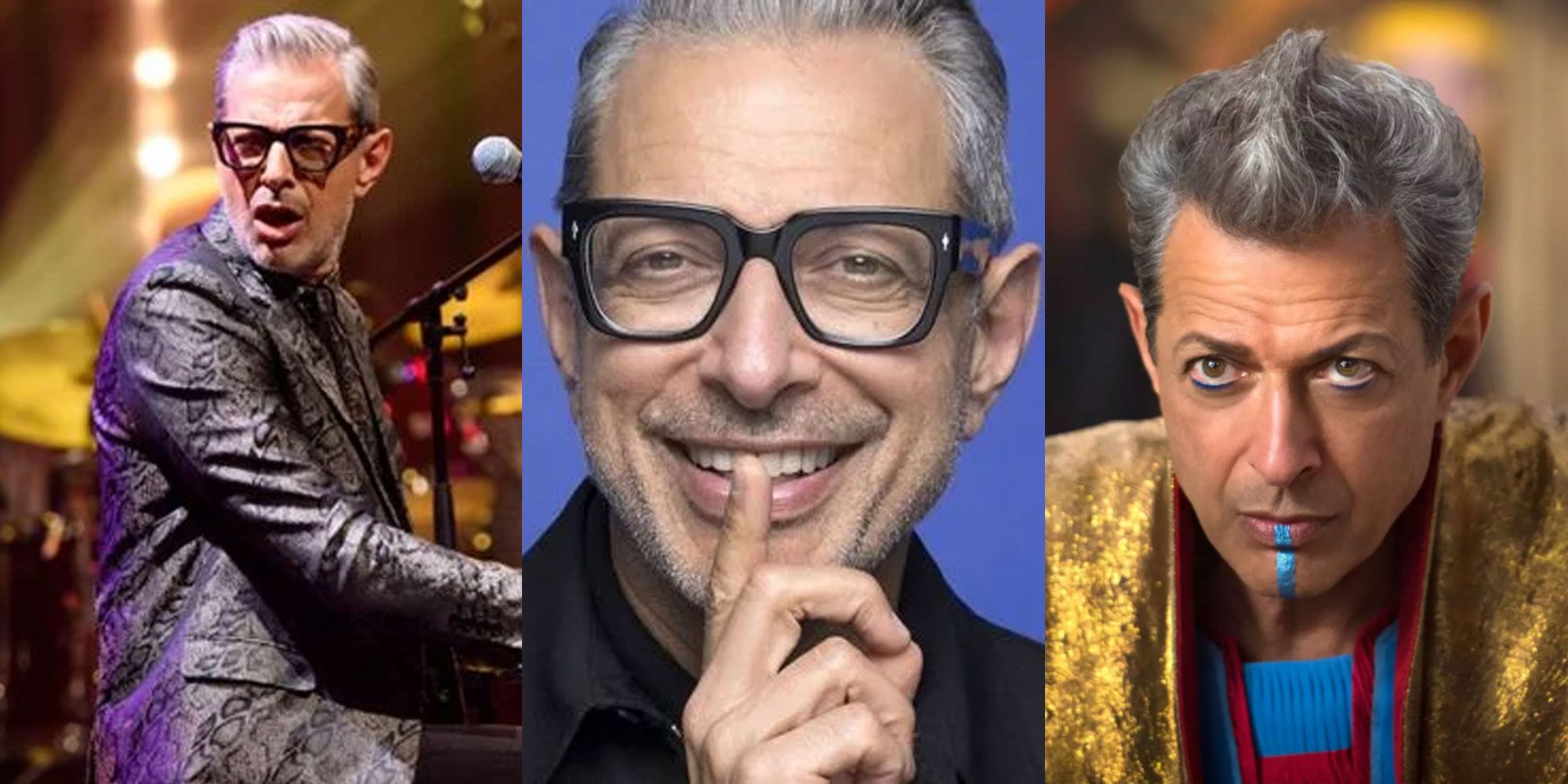 A split image features Jeff Goldblum playing the piano, smiling, and appearing in Thor: Ragnarok