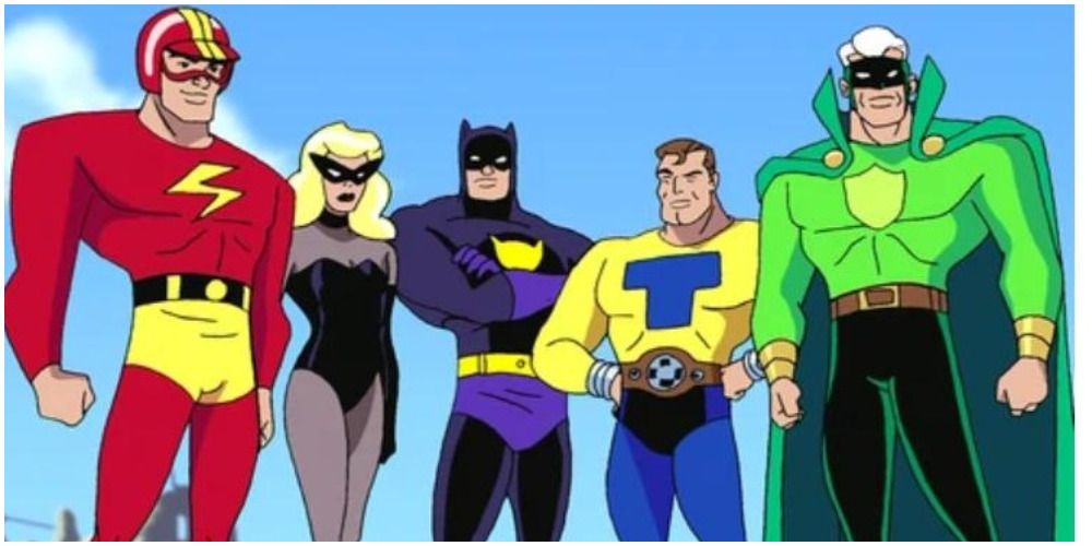 The Justice Guild of America, including The Green Guardsman, Black Siren, Cat Man, Tom Turbine and The Streak.