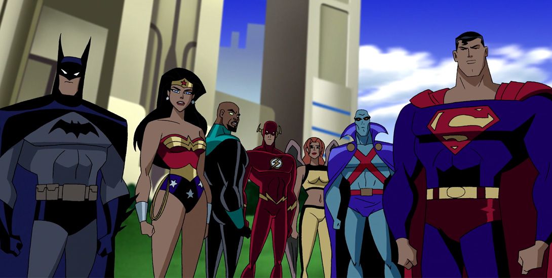 The Justice League Standing Together, including Batman, Wonder Woman, Green Lantern (John Stewart), The Flash, Hawkgirl, J'onn J'onnz and Superman.