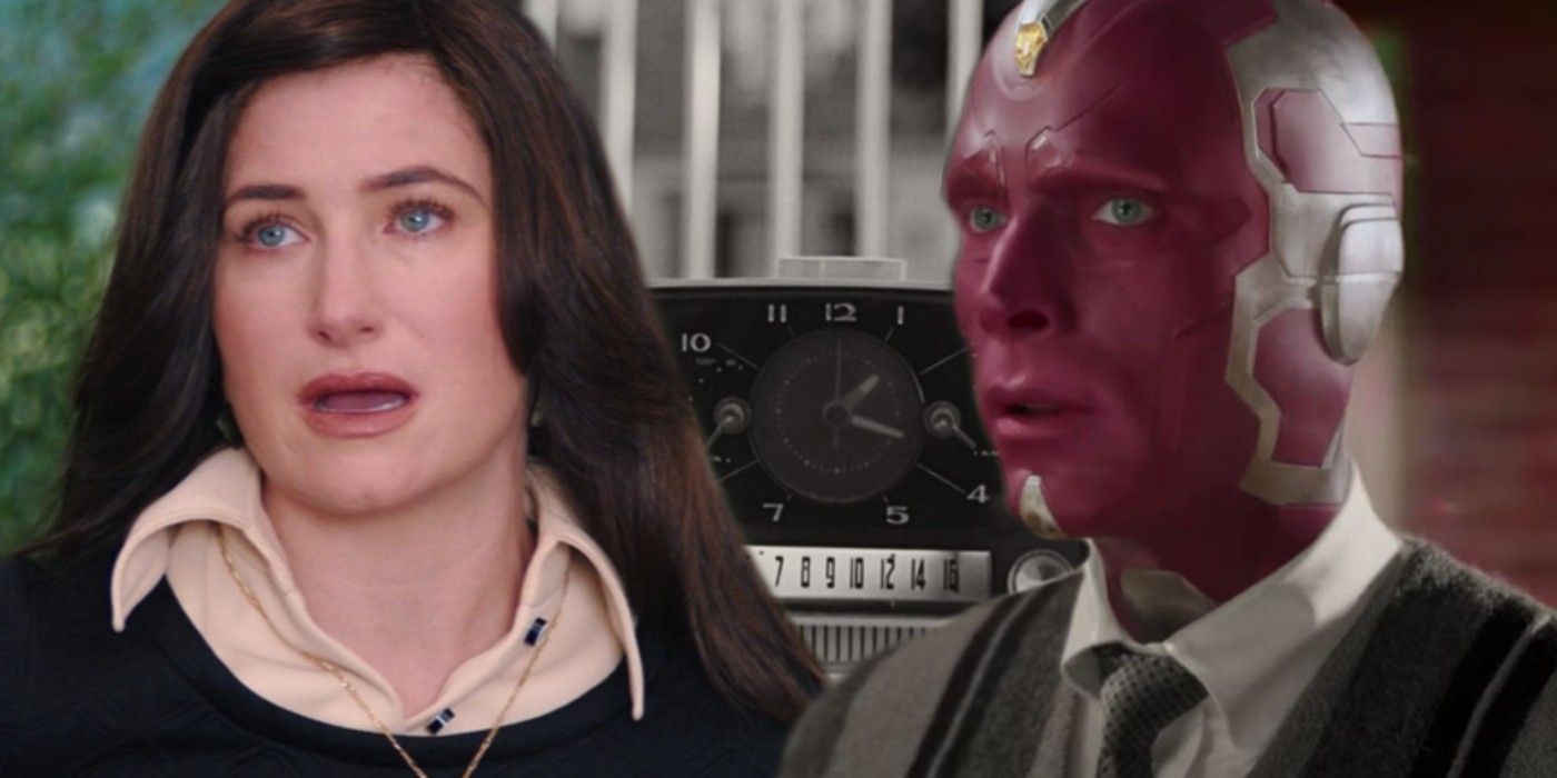 Kathryn Hahn as Agnes and Paul Bettany as Vision in WandaVision