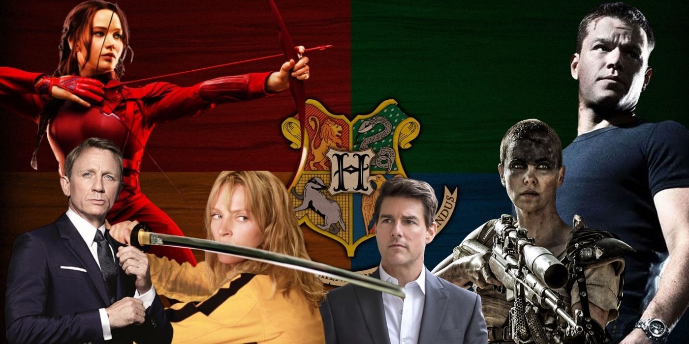 Hogwarts House Katniss Everdeen, James Bond, The Bride, Ethan Hunt, Furiosa, Jason Bourne collage