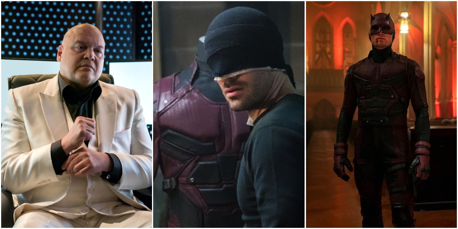 Kingpin, Daredevil and Bullseye in Matt Murdock's replica suit in season three of the Netflix series