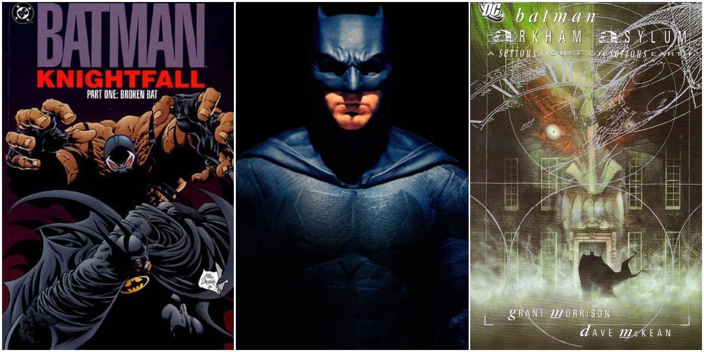 Cover art for Knightfall Part One: Broken Bat by Doug Moench and Chuck Dixon, promo shot with Affleck as Batman for 2017's Justice League and cover art for Arkham Asylum: A Serious House on Serious Earth by Grant Morrison