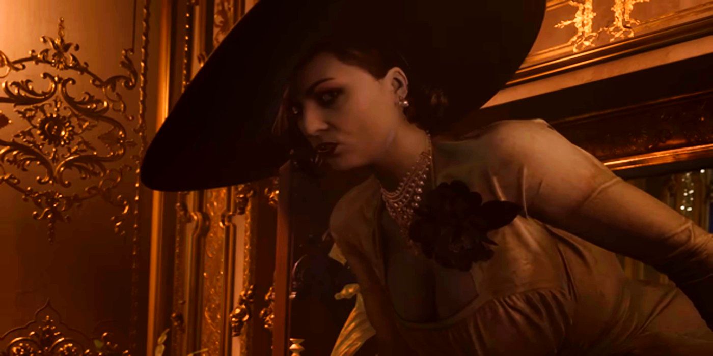 Lady Dimitrescu looking down in Resident Evil Vampire.