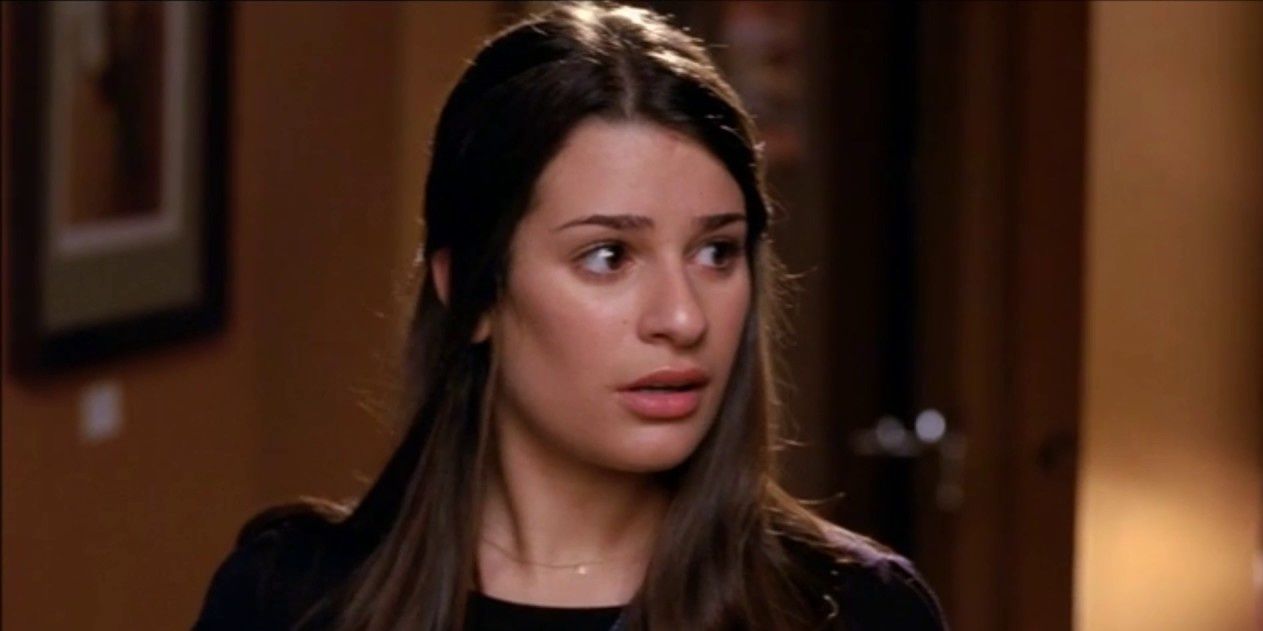 Rachel Berry looking to her left with a confused expression in Glee.