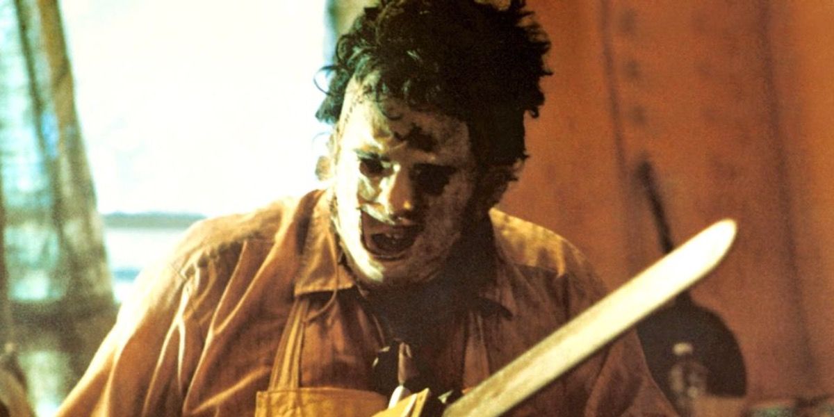 Leatherface holding his chainsaw from the original Texas Chainsaw Massacre.