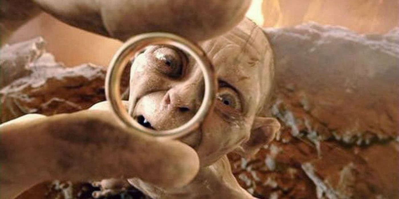 Gollum admires the One Ring just before he falls into Mount Doom in Lord of the Rings