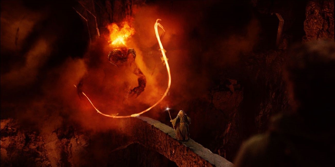 Balrog throwing flame whip at Gandalf in Fellowship of the Ring