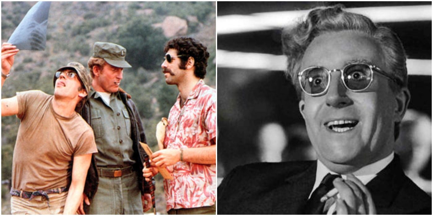 MASH - Army guys standing around/Dr. Strangelove - Peter Sellers wide-eyed with cigarette