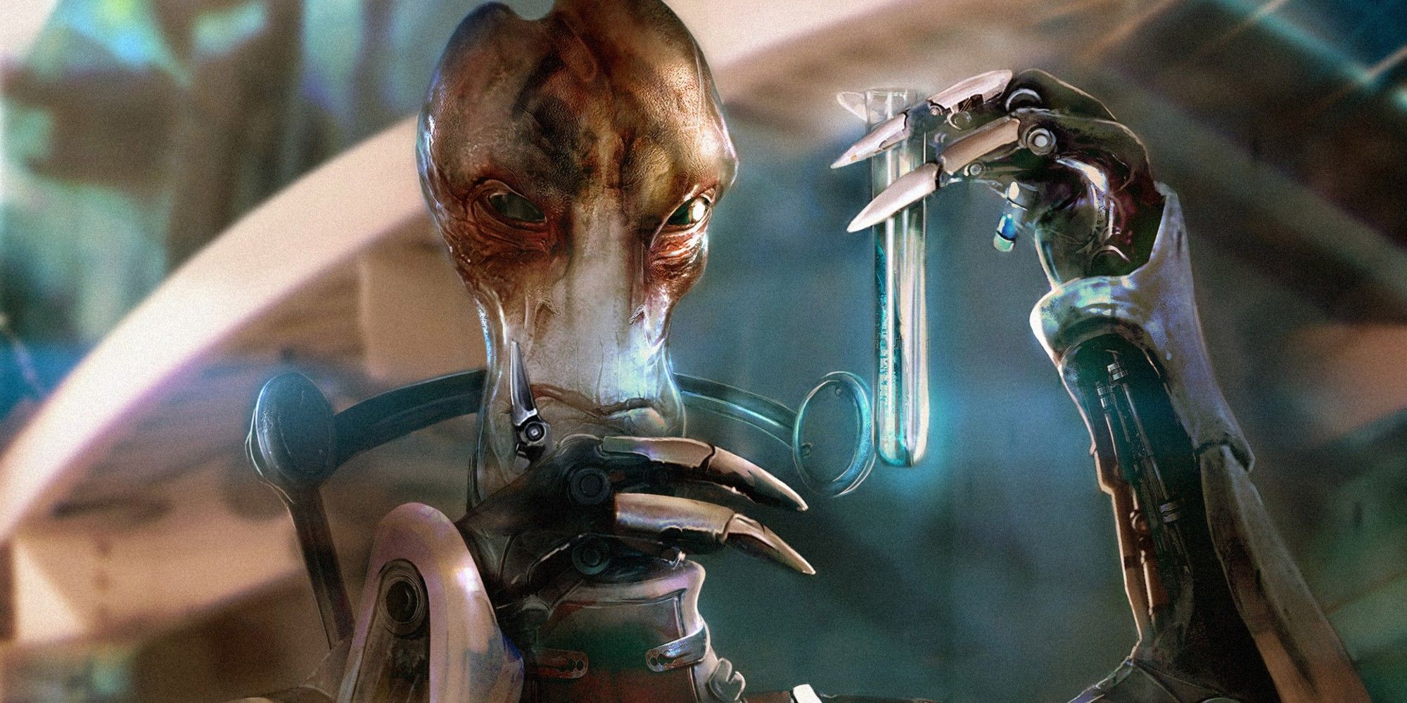 Mordin examines a test tube full of research in Mass Effect 3