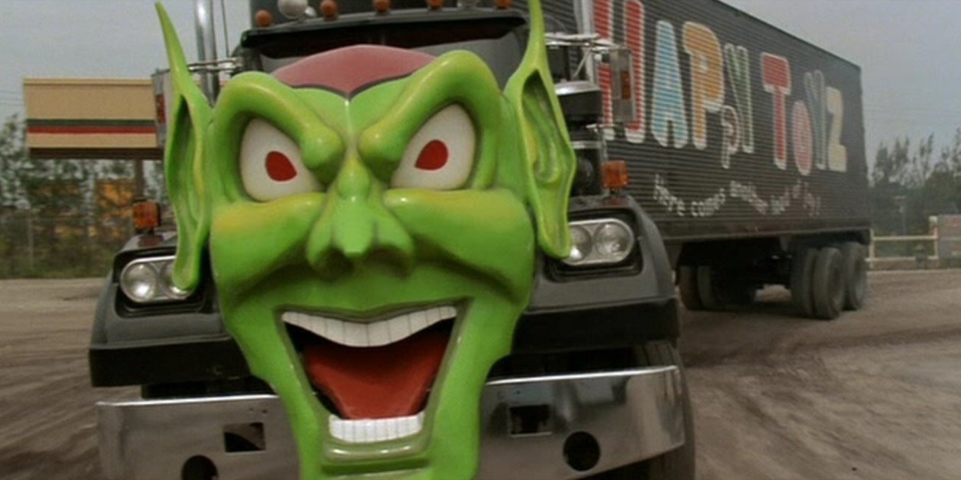 The goblin toy truck in Maximum Overdrive charging towards the screen with red eyes.