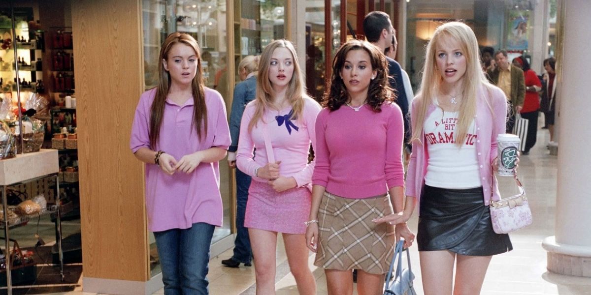 Cast of Mean Girls wearing pink at the mall