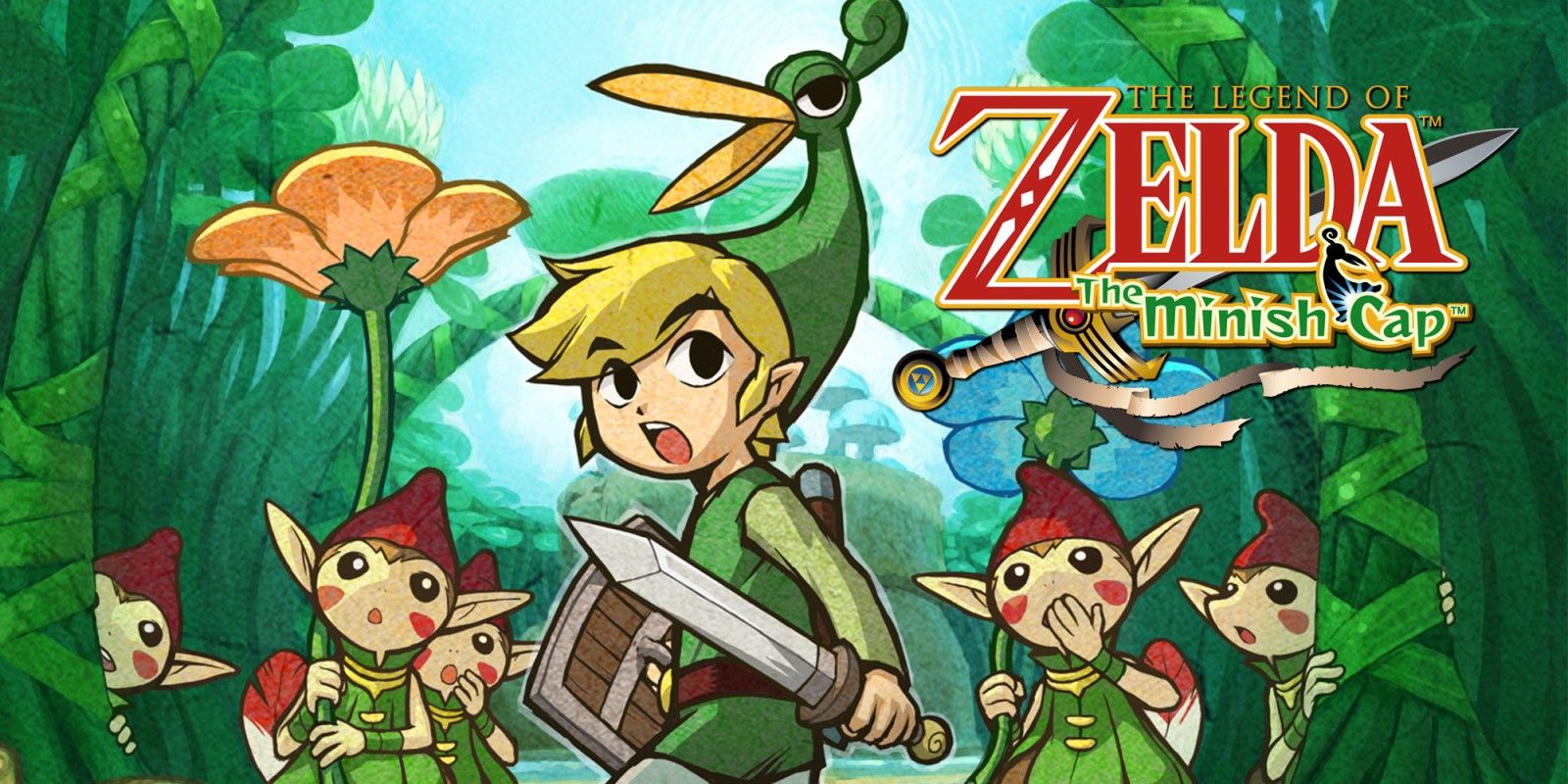 Arte da caixa de The Legend of Zelda: The Minish Cap, mostrando Link usando o boné de mesmo nome cercado por personagens Minish.