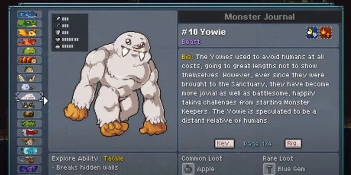 Yowie's page in Monster Sanctuary