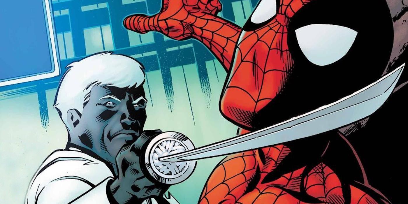 Mr. Negative with a sword to Spider-Man's neck