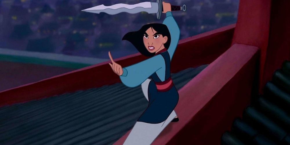 Mulan pointing her sword in Disney's 1998's Mulan