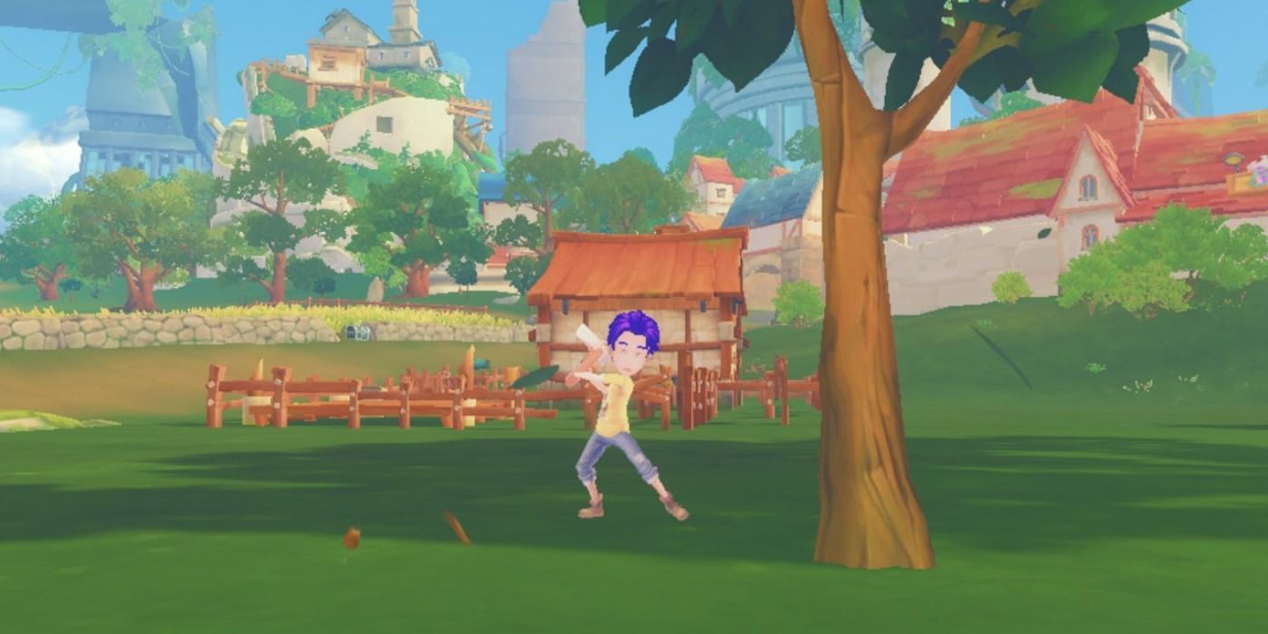 The player character chopping a tree in front of a farm in My Time in Portia.