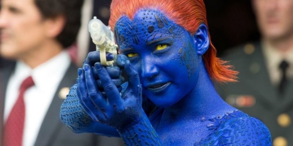 Mystique pointing a plastic gun during the climax of X-Men: Days of Future Past
