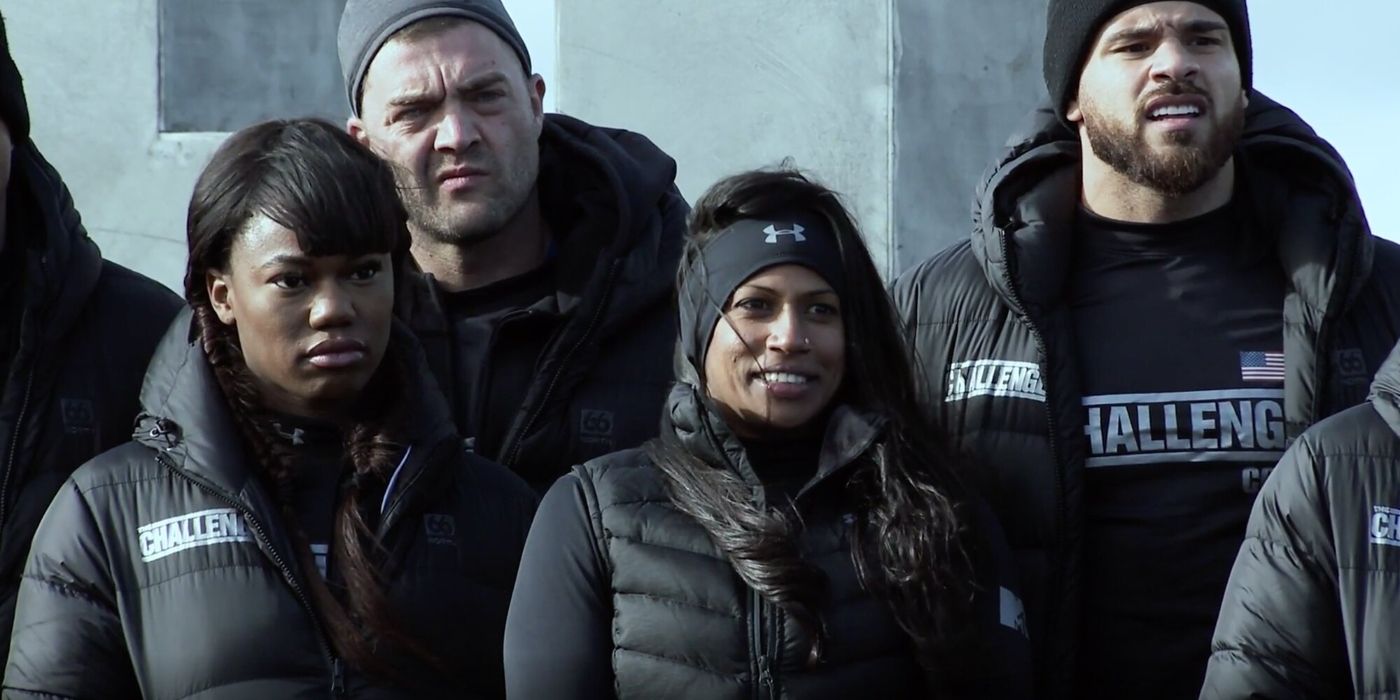 The Challenge's Big T Fazakerley, Natalie Anderson, CT Tamburello, and Cory Wharton standing at a Double Agents challenge